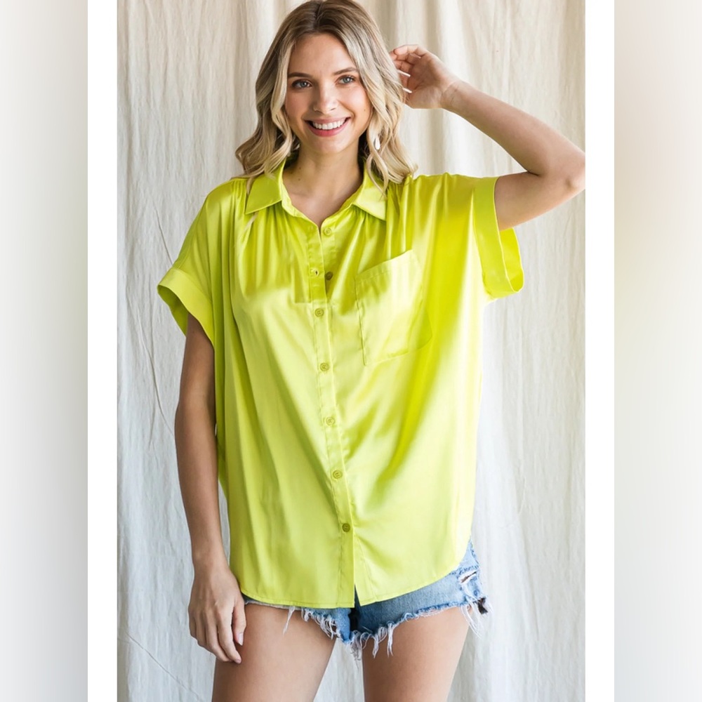 NWT Jodifl Lime Green Satin Button Down Oversized Top Sz L